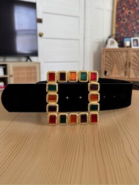 Zara Black Velvet Wide Thick Belt Gold Gemstone Baroque Buckle 80cm / 31.5"
